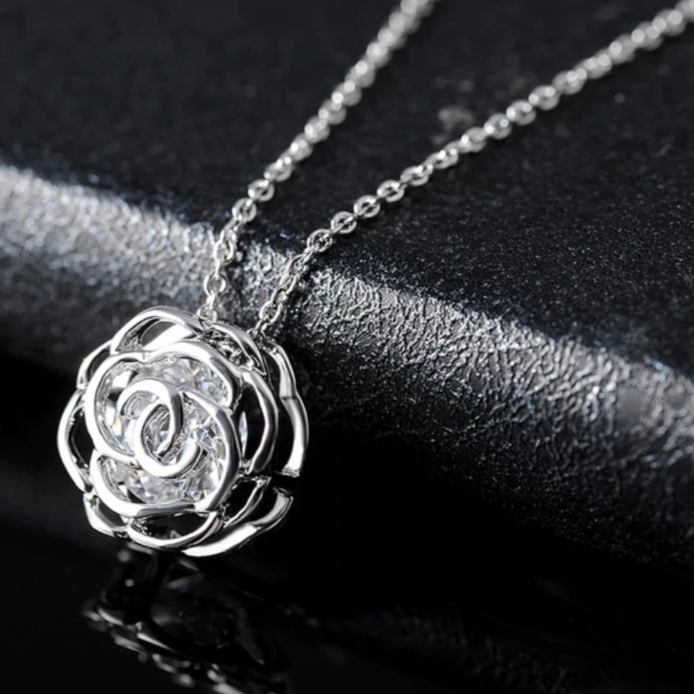 Camellia Silver Flower Crystal Dainty Necklace 4-i-7-20
